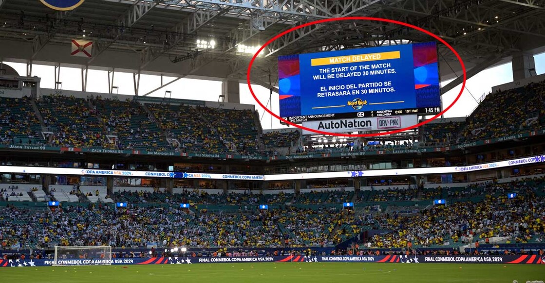 FBL-COPA AMERICA-2024-ARG-COL കോപ്പ അമേരിക്ക ഫുട്ബോളിൽ അർജന്റീന – കൊളംബിയ മത്സരം 30 മിനിറ്റ് വൈകുമെന്ന അറിയിപ്പ് സ്റ്റേഡിയത്തിലെ കൂറ്റൻ സ്ക്രീനിൽ പ്രത്യക്ഷപ്പെട്ടപ്പോൾ (Photo by JUAN MABROMATA / AFP)