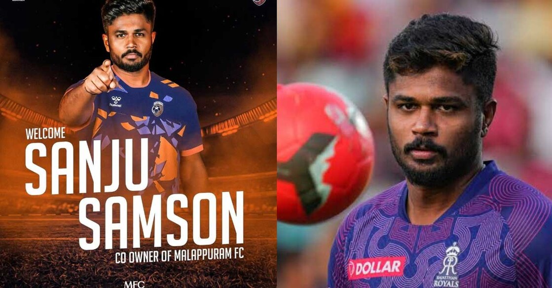സഞ്ജു സാംസണെ സ്വാഗതം ചെയ്ത് മലപ്പുറം എഫ്സി പങ്കുവച്ച പോസ്റ്റര്‍. Photo: FB@MalappuramFC, സഞ്ജു സാംസൺ പരിശീലനത്തിനിടെ.