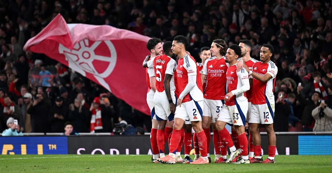 arsenal ആഴ്സനൽ താരങ്ങളുടെ വിജയാഹ്ലാദം. Photo: X@Arsenal