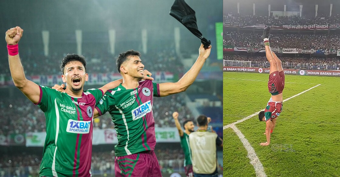 ഐഎസ്എൽ കിരീടം ചൂടിയ മോഹൻ ബഗാന്റെ മലയാളി താരങ്ങളായ സഹൽ അബ്ദുൽ സമദിന്റെയും ആഷിഖ് കുരുണിയന്റെയും ആഹ്ലാദം, ഐഎസ്എൽ പങ്കുവച്ച വിഡിയോയിൽ സഹൽ (എക്സിൽ നിന്നുള്ള ചിത്രങ്ങൾ)