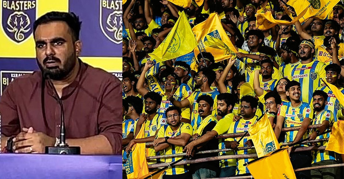 കേരള ബ്ലാസ്റ്റേഴ്സ് സിഇഒ അഭിക് ചാറ്റർജി, ടീമിന്റെ ആരാധകർ ഗാലറിയിൽ (ഫയൽ ചിത്രം)