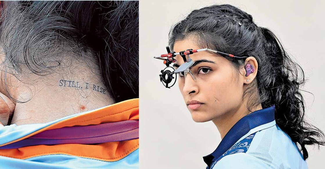 മനുവിന്റെ കഴുത്തിലെ ടാറ്റൂ,  മനു ഭാക്കർ മത്സരത്തിനിടെ