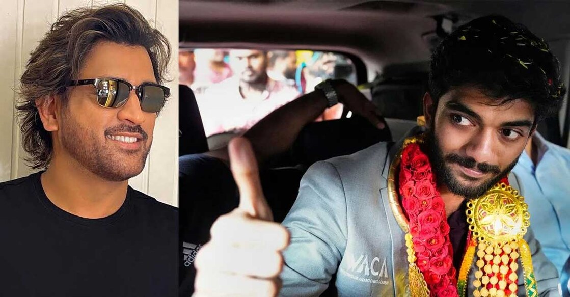 dhoni-d-gukesh മഹേന്ദ്രസിങ് ധോണി, ഡി.ഗുകേഷ് ലോക ചെസ് ചാംപ്യൻഷിപ്പിൽ ജയിച്ച ശേഷം നാട്ടിൽ തിരിച്ചെത്തിയപ്പോൾ (എക്സിൽ പങ്കുവച്ച ചിത്രങ്ങൾ)