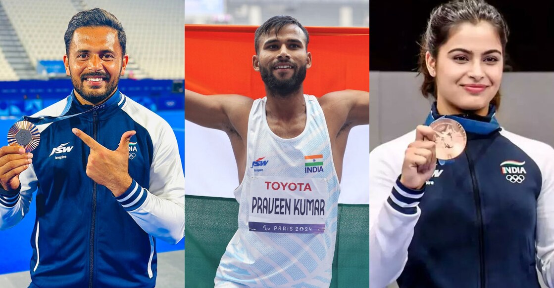 ഹർമന്‍പ്രീത് സിങ്, പ്രവീൺ കുമാർ, മനു ഭാകർ. Photo: X@Indiallsports