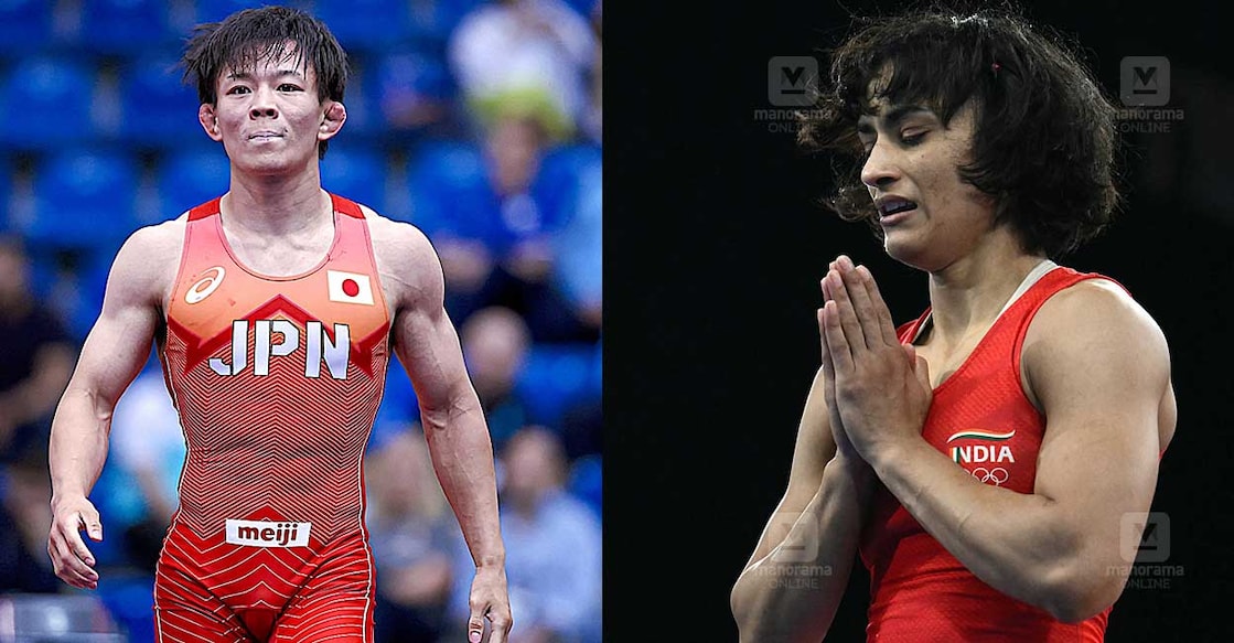 higuchi-vinesh-phogat ജപ്പാന് താരം റെയ് ഹിഗുച്ചി (എക്സിൽ പങ്കുവച്ച ചിത്രം), വിനേഷ് ഫോഗട്ട് (മനോരമ ചിത്രം)