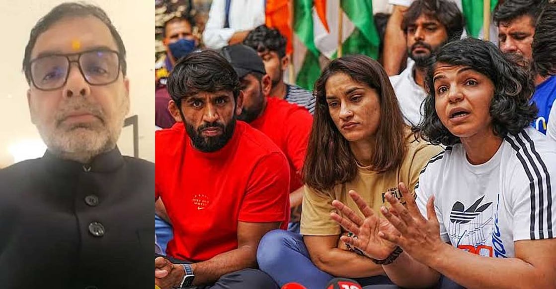 sanjay-singh-bajrang-punia-vinesh-phogat-sakshi-malik സഞ്ജയ് സിങ്, ബജ്റങ് പൂനിയയും വിനേഷ് ഫോഗട്ടും സാക്ഷി മാലിക്കും സമരമുഖത്ത് (ചിത്രത്തിന് കടപ്പാട്: X/@Incognito_qfs)