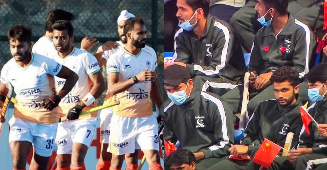india-pak ഇന്ത്യൻ ഹോക്കി താരങ്ങൾ മത്സരത്തിനിടെ, പാക്ക് താരങ്ങള് ചൈനീസ് പതാകയുമായി ഗാലറിയിൽ. Photo: X@ThakurDivyaPrakash