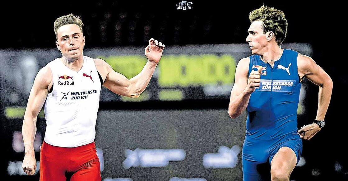 Switzerland Diamond League Athletics
അർമാൻഡ് ഡുപ്ലന്റിസും (വലത്) കാർസ്റ്റർ വാർഹോമും മത്സരത്തിനിടെ