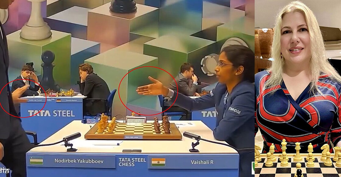 r-vaishali-susan-polgar ആർ. വൈശാലി ഹസ്തദാനത്തിനായി കൈനീട്ടുമ്പോൾ നിരസിക്കുന്ന നോദിർബെക് യാക്കുബോയെവ്, സൂസൻ പോൾഗർ