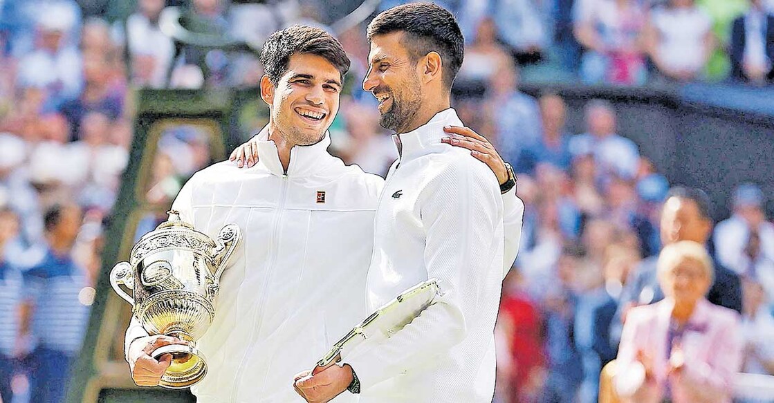 TENNIS-GBR-WIMBLEDON
അൽകാരസ് (ഇടത്) വിമ്പിൾഡൻ ട്രോഫിയുമായി ജോക്കോവിച്ചിനൊപ്പം