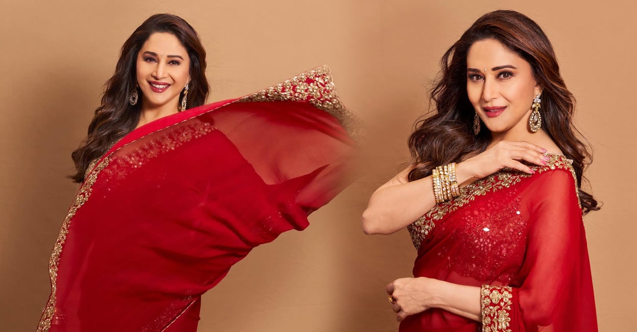 Madhuri Dixit Stuns Fans with Youthful Beauty and Classic Red Saree Look