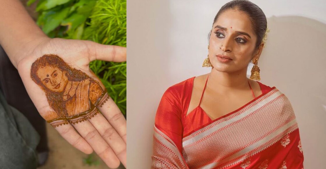 സുരഭിയുടെ ചിത്രം മെഹന്ദി ആർട്ടിൽ ( ഇടത്), സുരഭി ലക്ഷ്മി (വലത്)∙ ചിത്രം: Screengrab From Video∙ naash__henna/ Instagram

