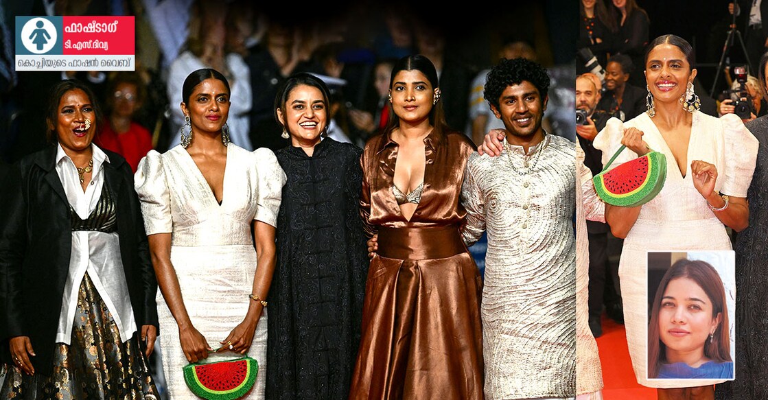 Indian actress Chhaya Kadam, Indian actress Kani Kusruti, Indian director Payal Kapadia, Indian actress Divya Prabha and Indian actor Hridhu Haroon arrive for the screening of the film "All We Imagine as Light" at the 77th edition of the Cannes Film Festival in Cannes, southern France, on May 23, 2024. (Photo by LOIC VENANCE / AFP)