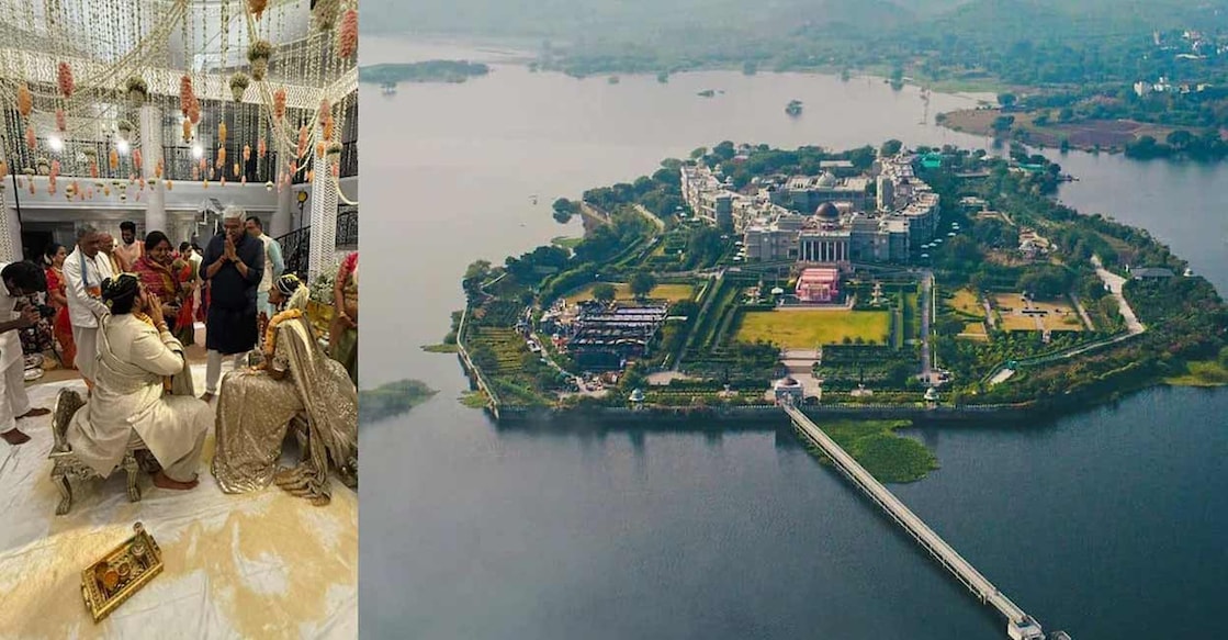 pv-sindhu-wedding-venue-rajasthan-jpeg PV Sindhu's wedding (left). The Raffles Udaipur Resort. Photos: X/@gajendrasinghshekhawat/Instagram/@rafflesudaipur