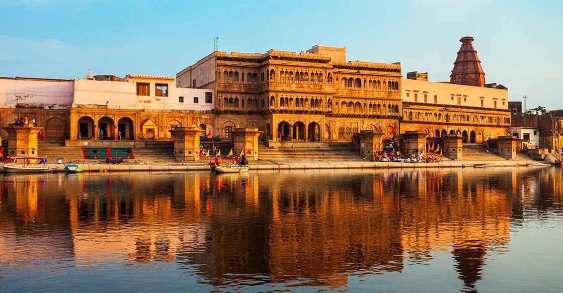 Krishna Temple at the Keshi Ghat on Yamuna river in Vrindavan near Mathura city in Uttar Pradesh. Image Credit : saiko3p/shutterstock