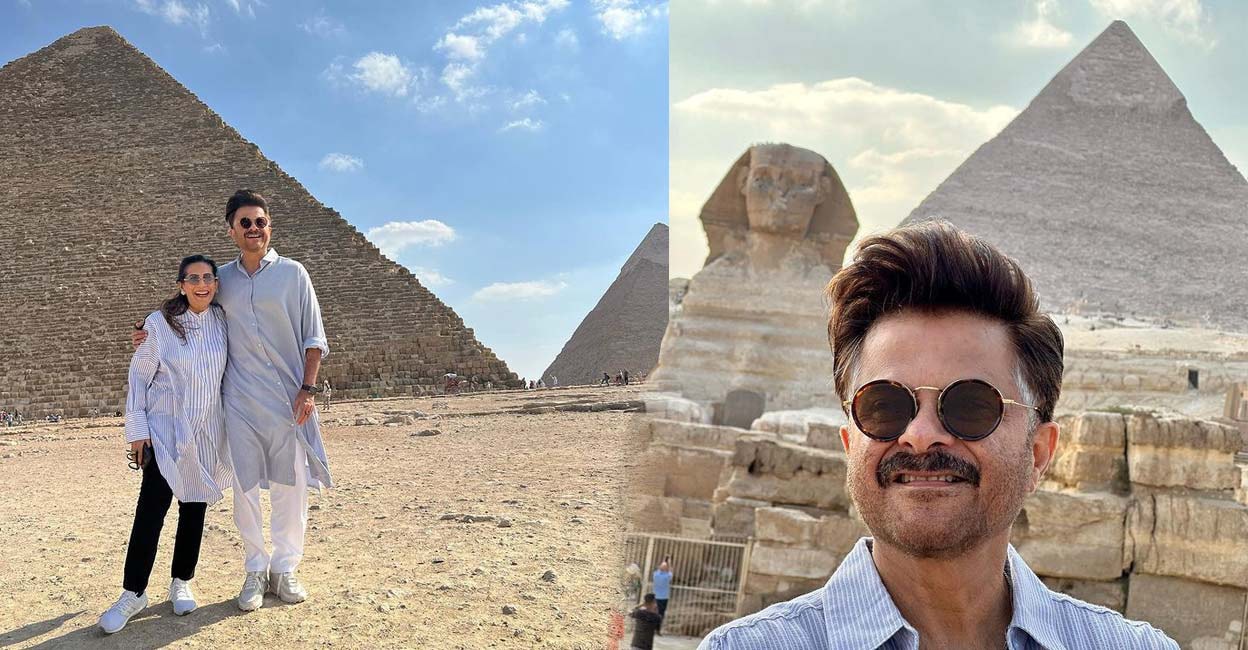 Colossal statue with human head and lion’s body;  Anil Kapoor in front of the wonder of the world